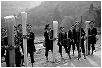 Ethnic minority women carrying banana trunks. Vietnam ( black and white)