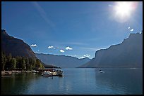 Lake Minnewanka (only lake in the Park that allows motorized boats) and marina, morning.. Banff National Park, Canadian Rockies, Alberta, Canada (color)