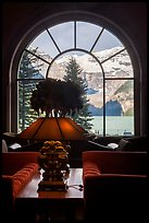 Lake Louise seen through a window of Chateau Lake Louise hotel. Banff National Park, Canadian Rockies, Alberta, Canada (color)