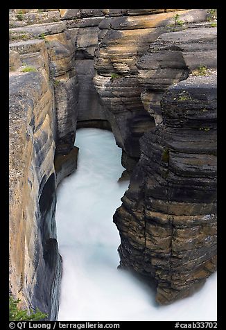 Stratified layers of rock cut by water, Mistaya Canyon. Banff National Park, Canadian Rockies, Alberta, Canada