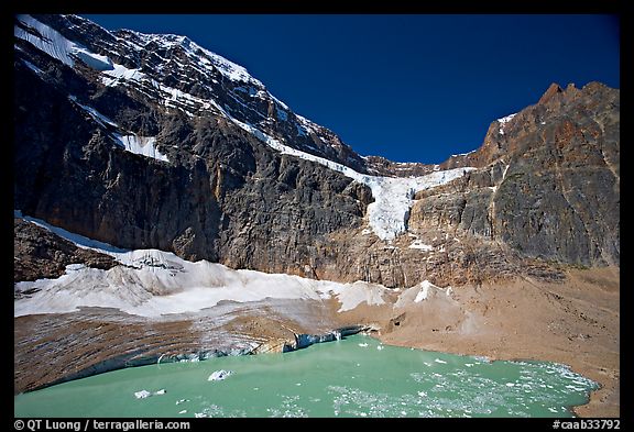 Mt Edith Cavell, Angel Glacier, and turquoise glacial lake. Jasper National Park, Canadian Rockies, Alberta, Canada