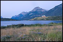 Prince of Wales hotel and upper Waterton Lake, dawn. Waterton Lakes National Park, Alberta, Canada (color)