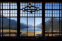 View over Waterton Lake through the windows of Prince of Wales hotel, morning. Waterton Lakes National Park, Alberta, Canada ( color)