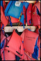 Lifevests in Cameron Lake boathouse. Waterton Lakes National Park, Alberta, Canada ( color)