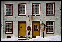 Facade in winter with snow on the curb,  Quebec City. Quebec, Canada
