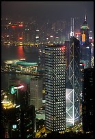 Bank of China (369m) and Cheung Kong Center (290m) buildings  from Victoria Peak by night. Hong-Kong, China