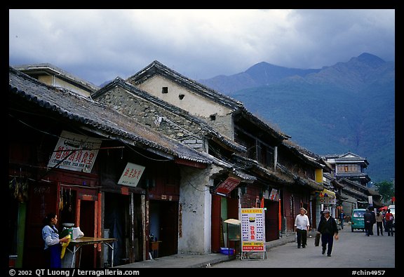 Old houses and Cang Shan mountains. Dali, Yunnan, China (color)
