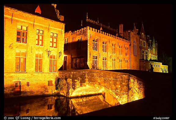 Bridge and house at night. Bruges, Belgium (color)