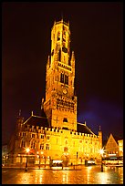 Halletoren belfry at night. Bruges, Belgium