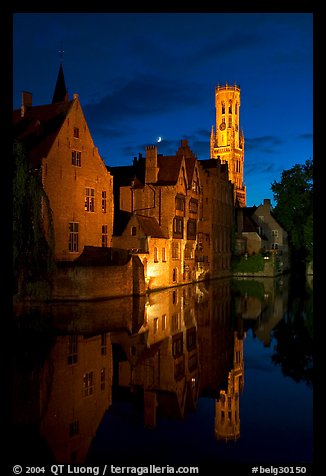 Old houses and belfry Quai des Rosaires, night. Bruges, Belgium (color)
