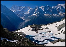 Frozen Lac Blanc, and Mont-Blanc Range, morning, Chamonix. France (color)