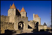 Main entrance of fortified city and drawbridge. Carcassonne, France