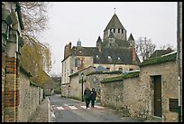 Street with couple walking and Caesar's Tower in background, Provins. France ( color)