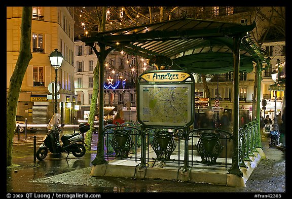 Subway entrance with art deco canopy by night. Paris, France