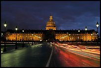 The Invalides: Mansart's dome above Bruant's pedimented central block by night. Paris, France