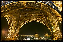 Palais de Chaillot seen through the base of Eiffel Tower by night. Paris, France ( color)