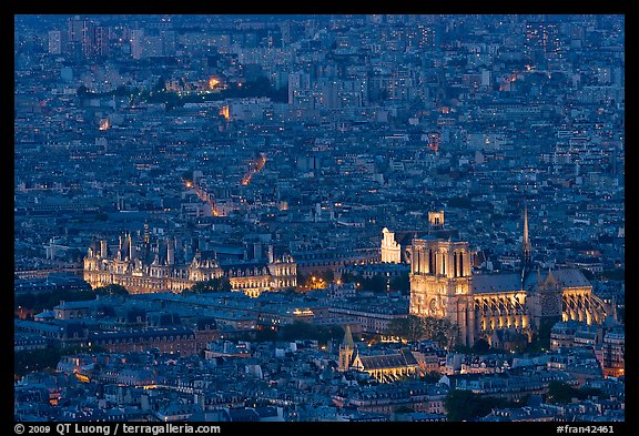 Aerial night view with Notre-Dame and Hotel de Ville. Paris, France (color)