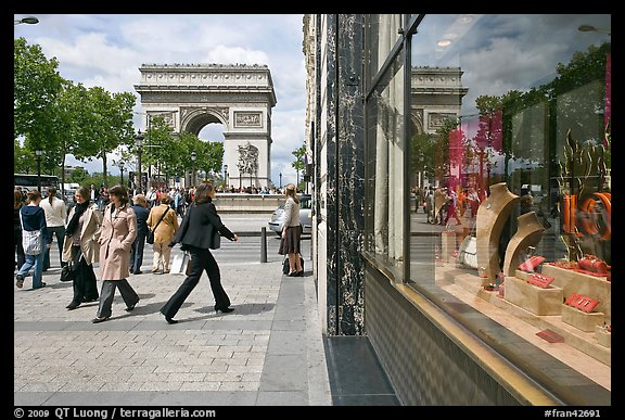 Jewelry store, sidewalk, and Arc de Triomphe. Paris, France