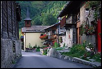 Street and church in village of Le Tour, Chamonix Valley. France