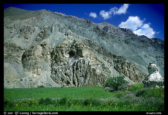 Cultivated fields, chorten, and Phuktal monastery, Zanskar, Jammu and Kashmir. India