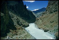 Chorten, trail,  and river valley, Zanskar, Jammu and Kashmir. India