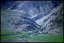 Cultivated fields, village, gompa, and barren mountains, Zanskar, Jammu and Kashmir. India (color)