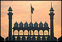 Turrets above Lahore Gate, Red fort, sunrise. New Delhi, India