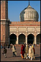 Group of people, courtyard, prayer hall, and dome, Jama Masjid. New Delhi, India (color)