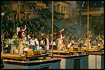 Brahmans performing evening arti ceremony. Varanasi, Uttar Pradesh, India (color)