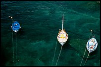 Three small boats in emerald waters, Riomaggiore. Cinque Terre, Liguria, Italy (color)