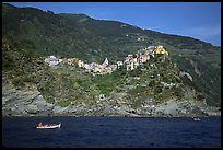 Corniglia, on ridge high above the Mediterranean sea. Cinque Terre, Liguria, Italy