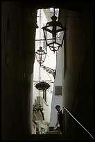 Narrow stairway with formally dressed man and hotel sign,  Amalfi. Amalfi Coast, Campania, Italy (color)