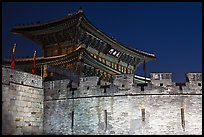 Wall and Janganmun gate at night, Suwon Hwaseong Fortress. South Korea ( color)