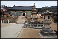 Three-story stone pagoda and main hall, Haeinsa Temple. South Korea ( color)