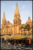 Restaurant and cathedral, late afternoon. Guadalajara, Jalisco, Mexico (color)