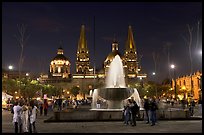 Plaza de la Liberacion with fountain and Cathedral by night. Guadalajara, Jalisco, Mexico