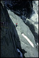 Aid climbing on Bonatti Pilar on Le Dru, Mont-Blanc Range, Alps, France.  ( color)