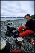 Eating on the shores of Muir Inlet. Glacier Bay National Park, Alaska