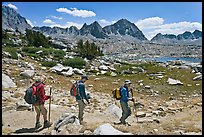 Hiking on trail, Dusy Basin. Kings Canyon National Park, California (color)