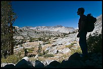 Hiker silhouetted, lower Dusy Basin. Kings Canyon National Park, California (color)