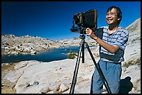 [photo by Buddy Squires] Large format photographer with camera, Dusy Basin. Kings Canyon National Park, California (color)