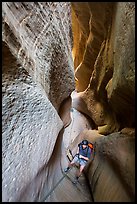Canyoneering in glowing narrows, Mystery Canyon. Zion National Park, Utah ( color)