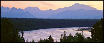 Wide river and Alaska range at sunset. Denali National Park, Alaska, USA.