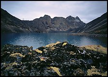 Dark rock and moss, Aquarius Lake. Gates of the Arctic National Park, Alaska, USA.