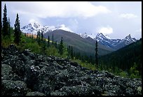Arrigetch Peaks from boulder field in Arrigetch Creek. Gates of the Arctic National Park, Alaska, USA. (color)
