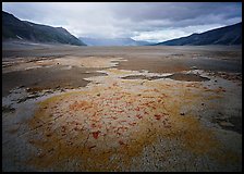 Brightly colored ash in wide plain, Valley of Ten Thousand smokes. Katmai National Park, Alaska, USA. (color)