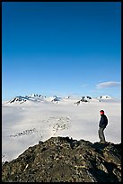 Hiker looking at the Harding icefield. Kenai Fjords National Park, Alaska, USA. (color)