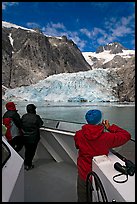 Passengers looking at Northwestern glacier from the deck of tour boat. Kenai Fjords National Park, Alaska, USA. (color)