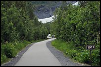 Exit Glacier trail with marker showing glacial retreat. Kenai Fjords National Park, Alaska, USA. (color)