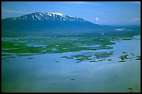 Aerial view of estuary and snowy peak. Lake Clark National Park, Alaska, USA. (color)